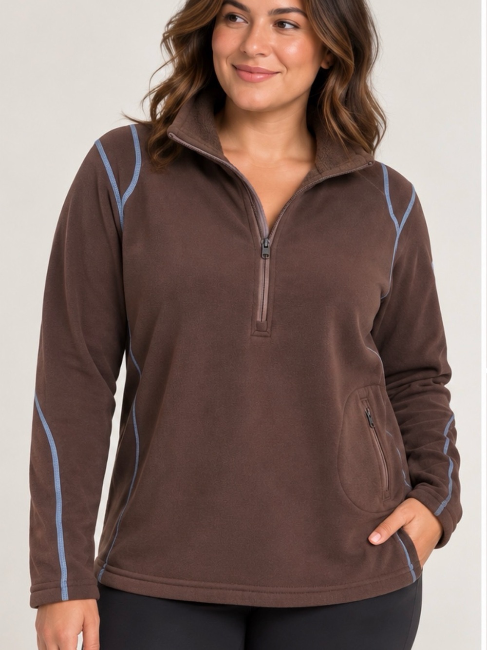 REI Women’s Brown Half Zip Fleece Pullover Blue Contrast Hiking Outdoor size L